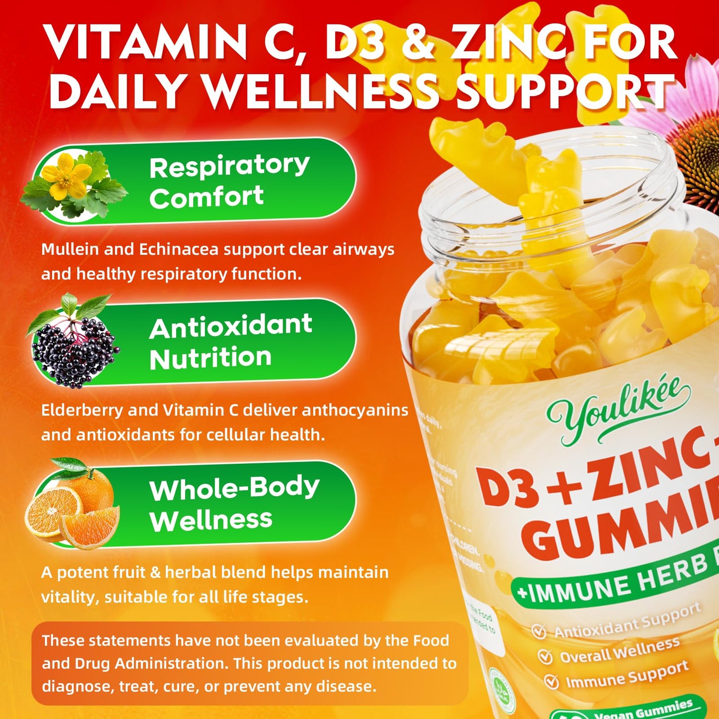 Youlikee Vitamin C + D3 + Zinc Gummies for Adults, 60 Count