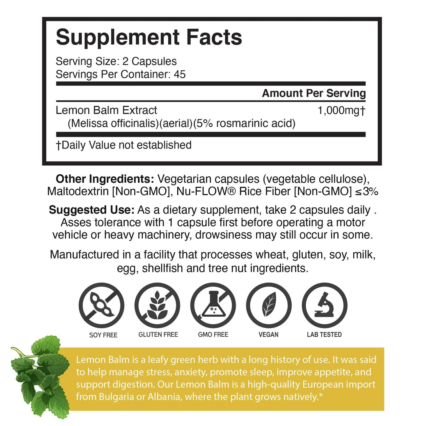 Brain Forza Lemon Balm R5 Extract Capsules - Standardized Extract 5% Rosmarinic Acid, 90 Capsules