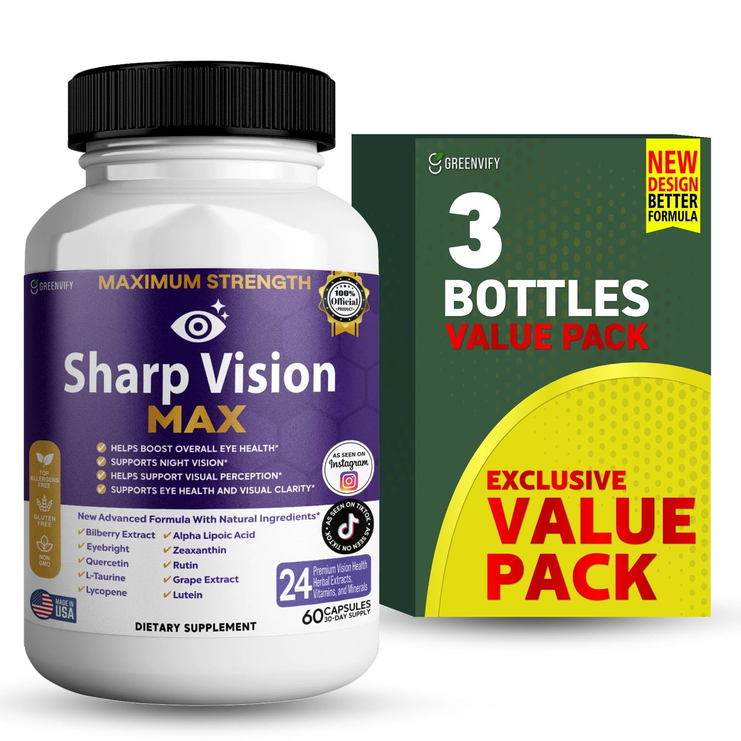 GREENVIFY Sharp Vision Max Eye Health Supplement Capsules, 60 Count