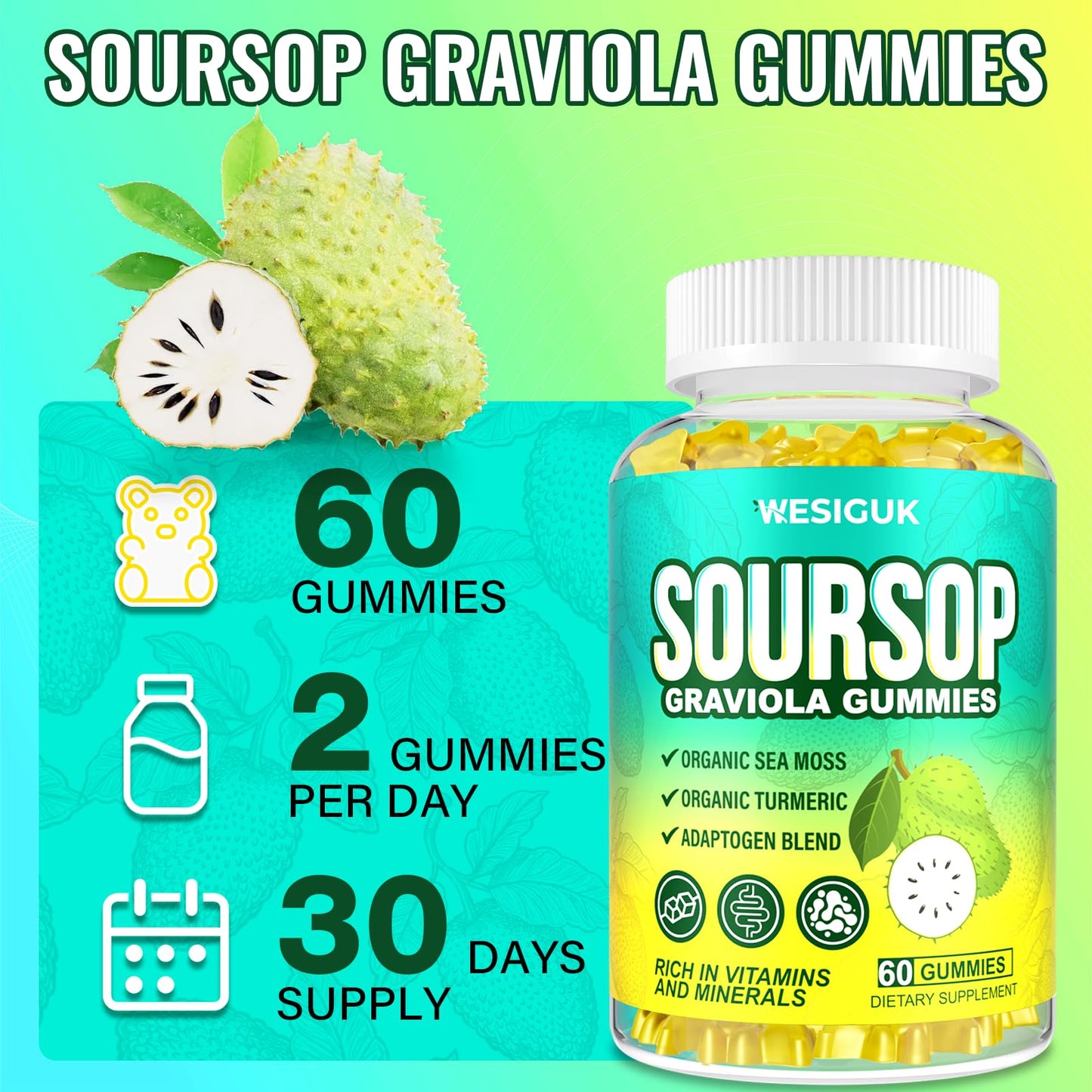 Wesiguk Soursop Graviola Gummies, 60 Count