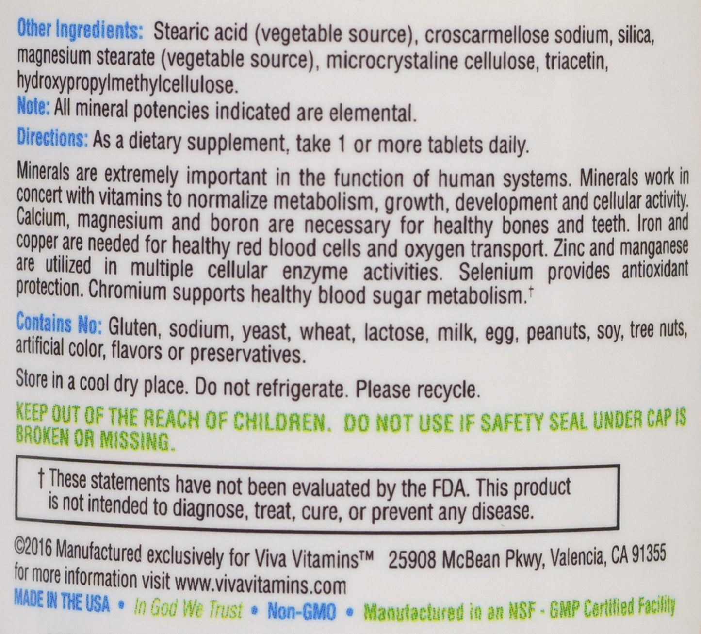 Viva Vitamins Complete Minerals, Regular Strength - Complete Multiple Mineral Supplement with Krebs' Cycle Intermediates, 90 Tablets