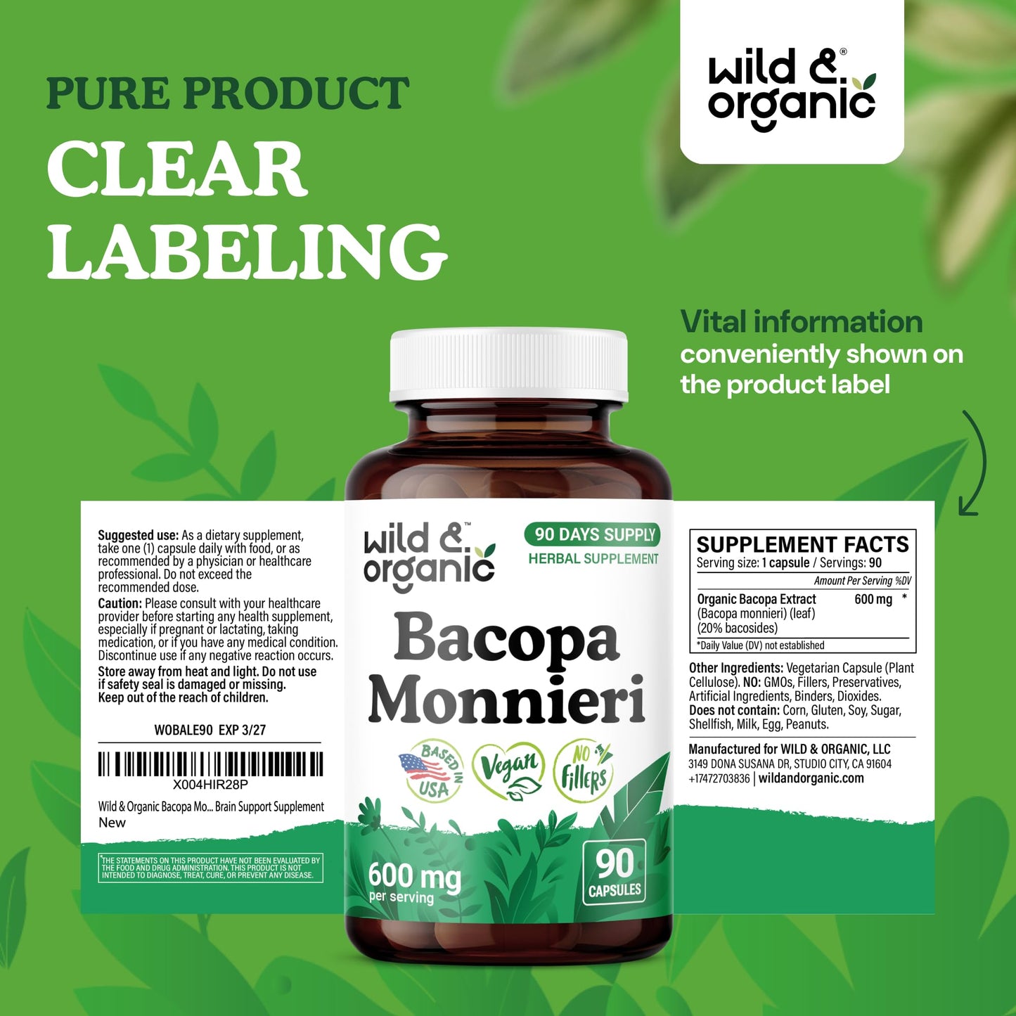 Wild & Organic Bacopa Monnieri Capsules 600 mg, 90 Count