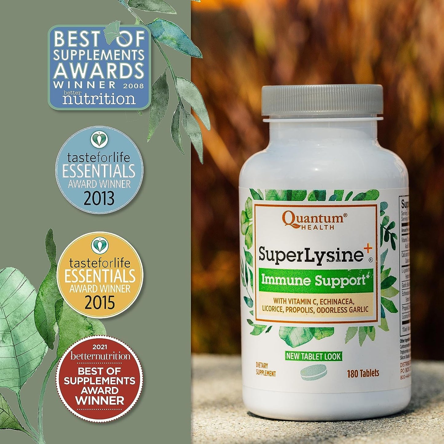 Quantum SuperLysine+ Advanced Formula Immune Support Supplement Lysine 1500 mg, Vitamin C Echinacea Licorice Bee Propolis & Odorless Garlic, 360 Tablets