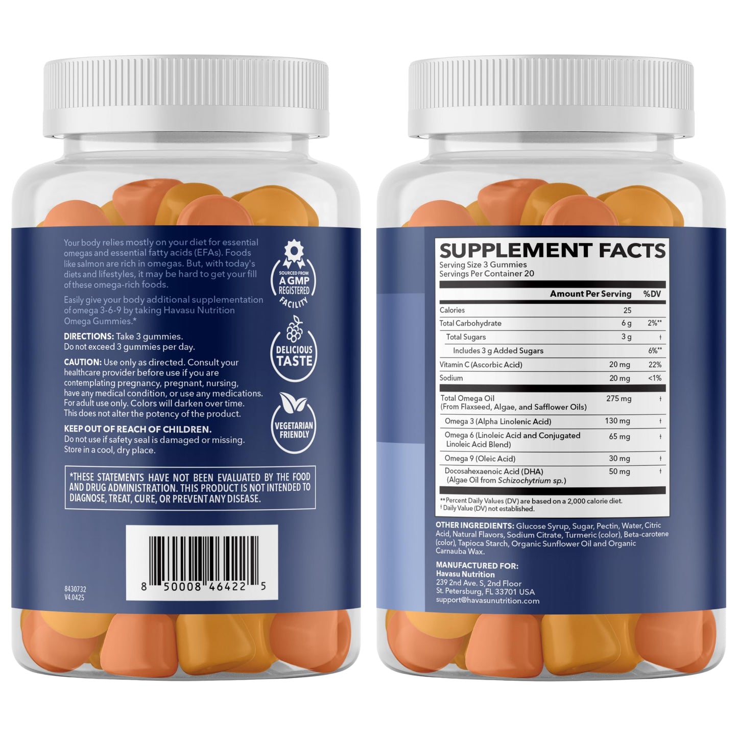 HAVASU NUTRITION Omega-3-6-9 + DHA Gummies for Adults, Plant-Based Fish Oil Alternative with Chia Seed Oil and Algae, Lemon and Orange Flavors, Vegetarian Friendly, 60 Gummies