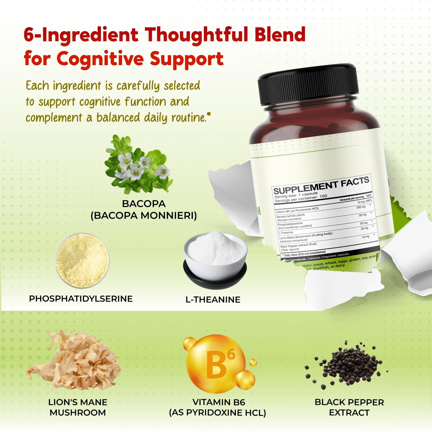 PEAKPURY Bacopa, Phosphatidylserine, L-Theanine & Lion’s Mane All-in-1 Capsule, 150 Count
