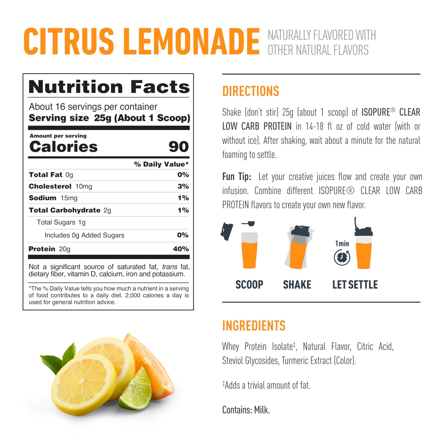 Isopure Clear Whey Isolate Protein Powder, Citrus Lemonade, Lactose Free, Gluten Free, Naturally Flavored, 20g Protein Per Serving, 14.1 oz, 16 Servings