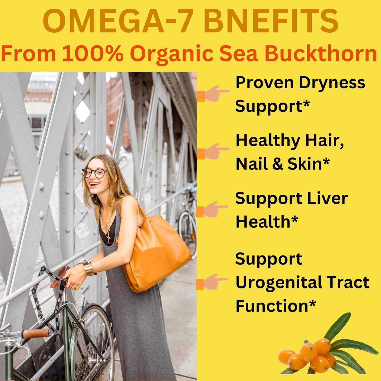 Nikoni Organic Vegan Sea Buckthorn Oil with Omega-7 for Healthy Skin, Hair, Nails Support Softgels, 120 Count