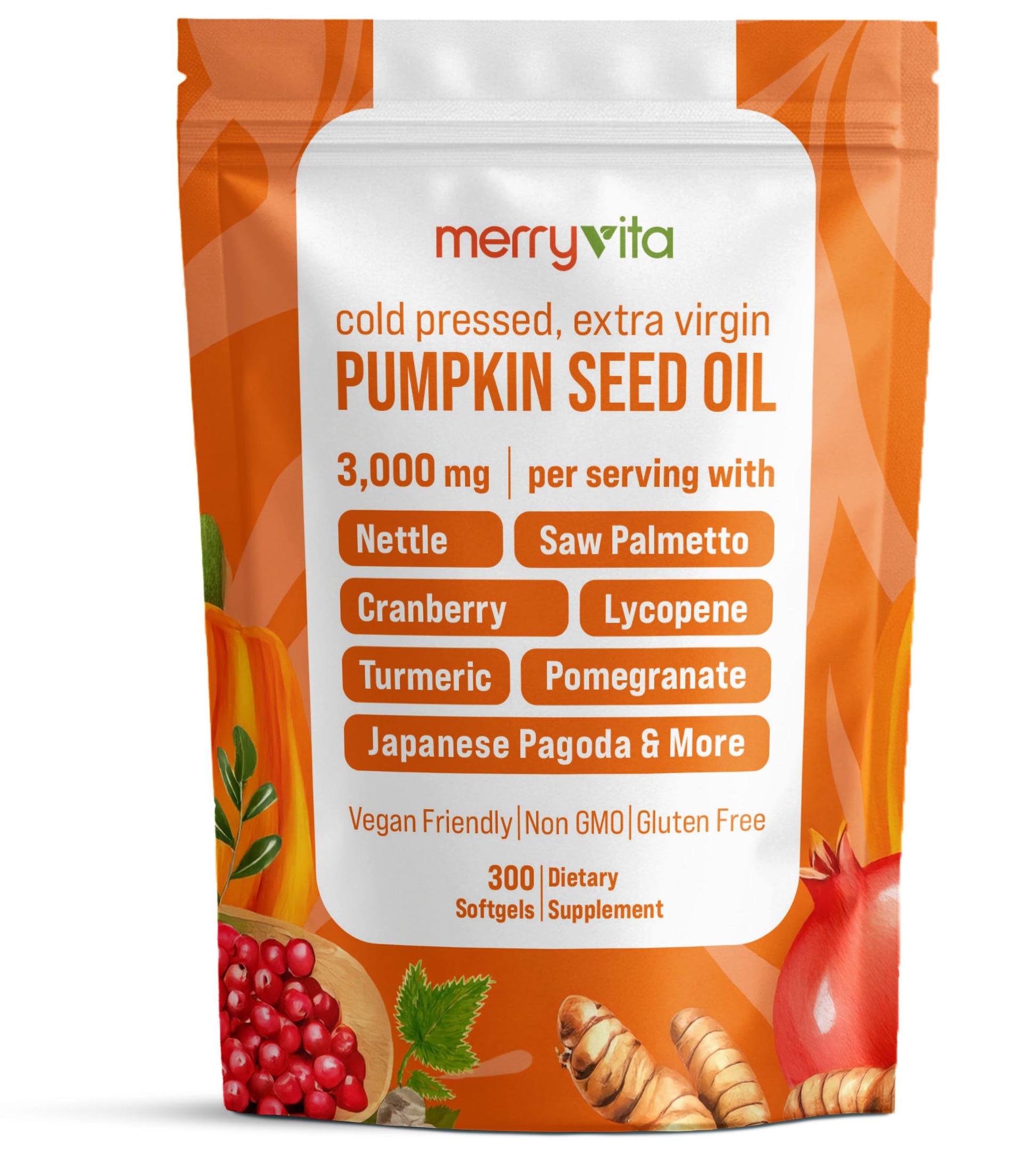 MERRY VITA Pumpkin Seed Oil with Saw Palmetto, Turmeric, Nettle & More Softgels, 300