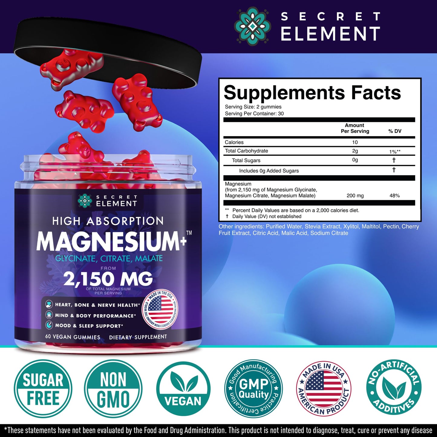 Secret Element Magnesium Glycinate 2150 MG Gummies, 60 Count