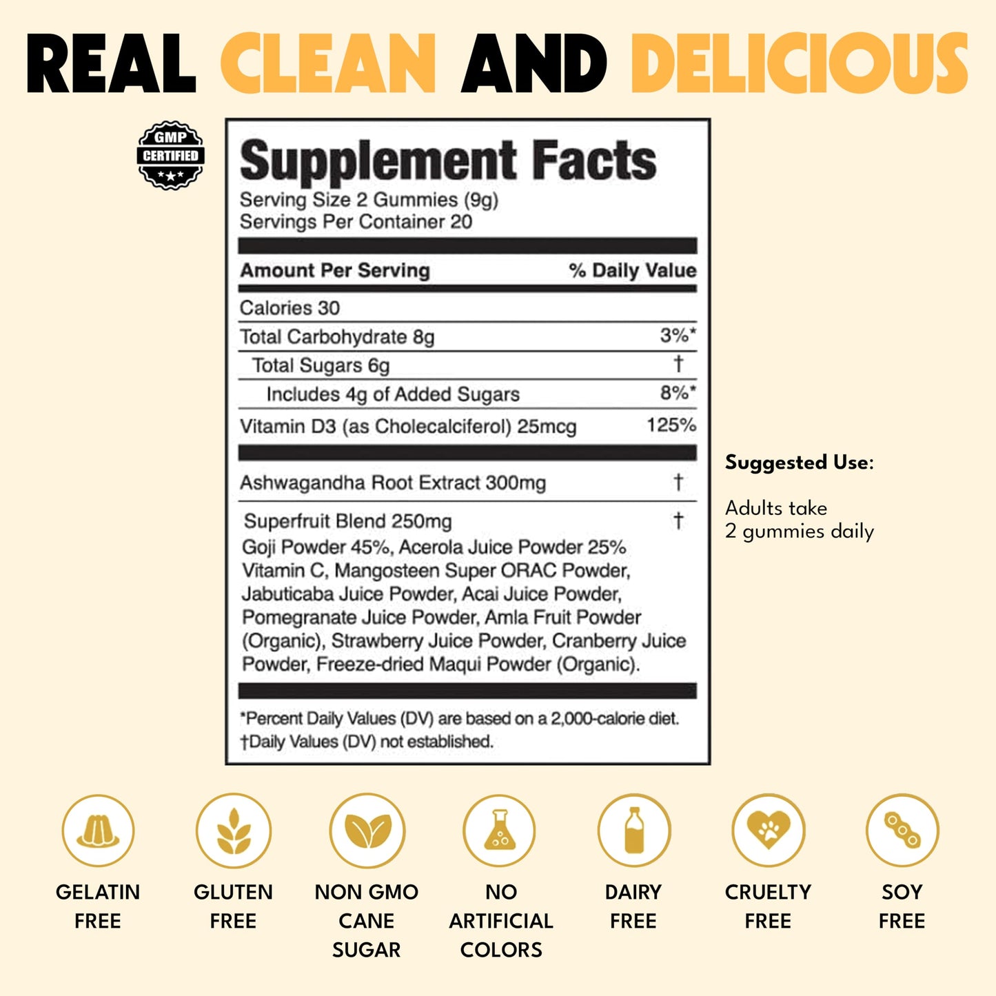 JUGO LLC Focus + SUPERFOODS Ashwagandha Gummies with Vitamin D3 & Superfruit Blend, 40 Count
