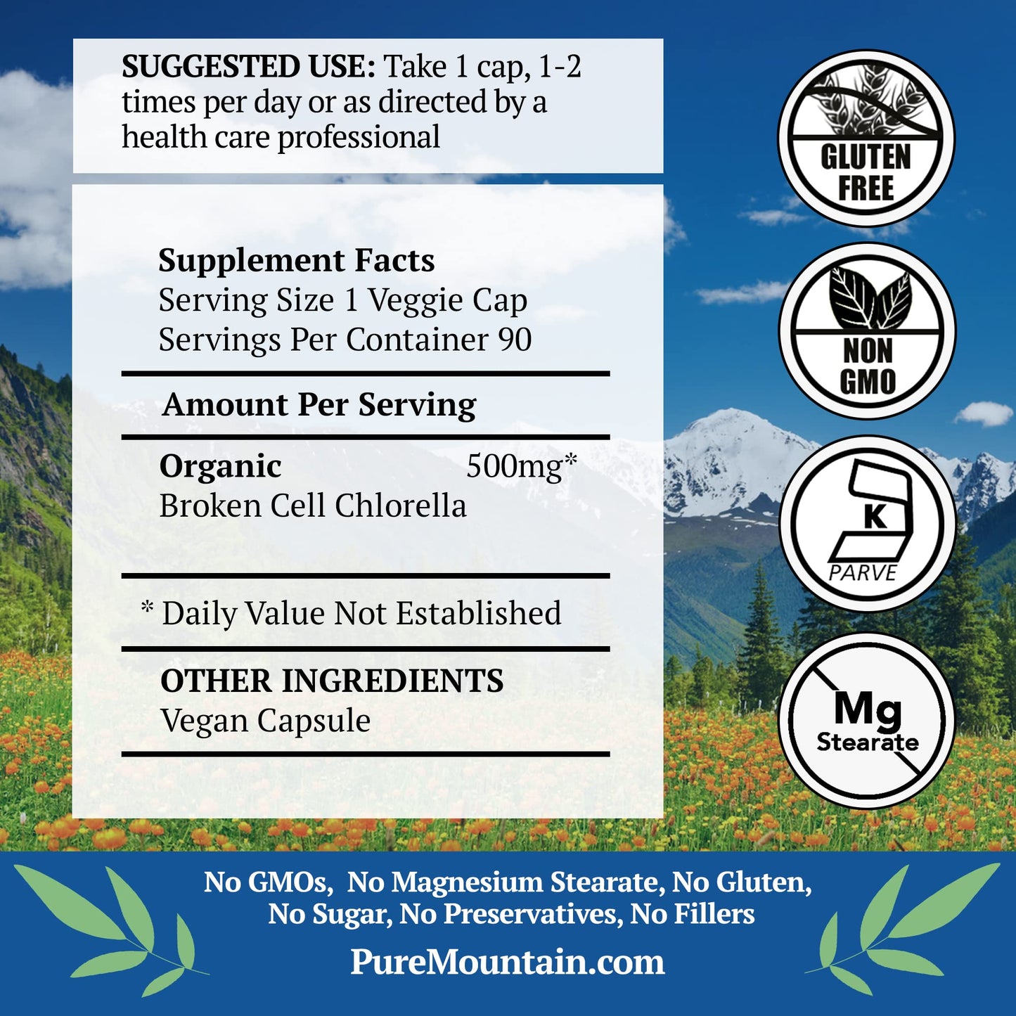 Pure Mountain Botanicals Broken Cell Wall Chlorella Capsules 90 Count