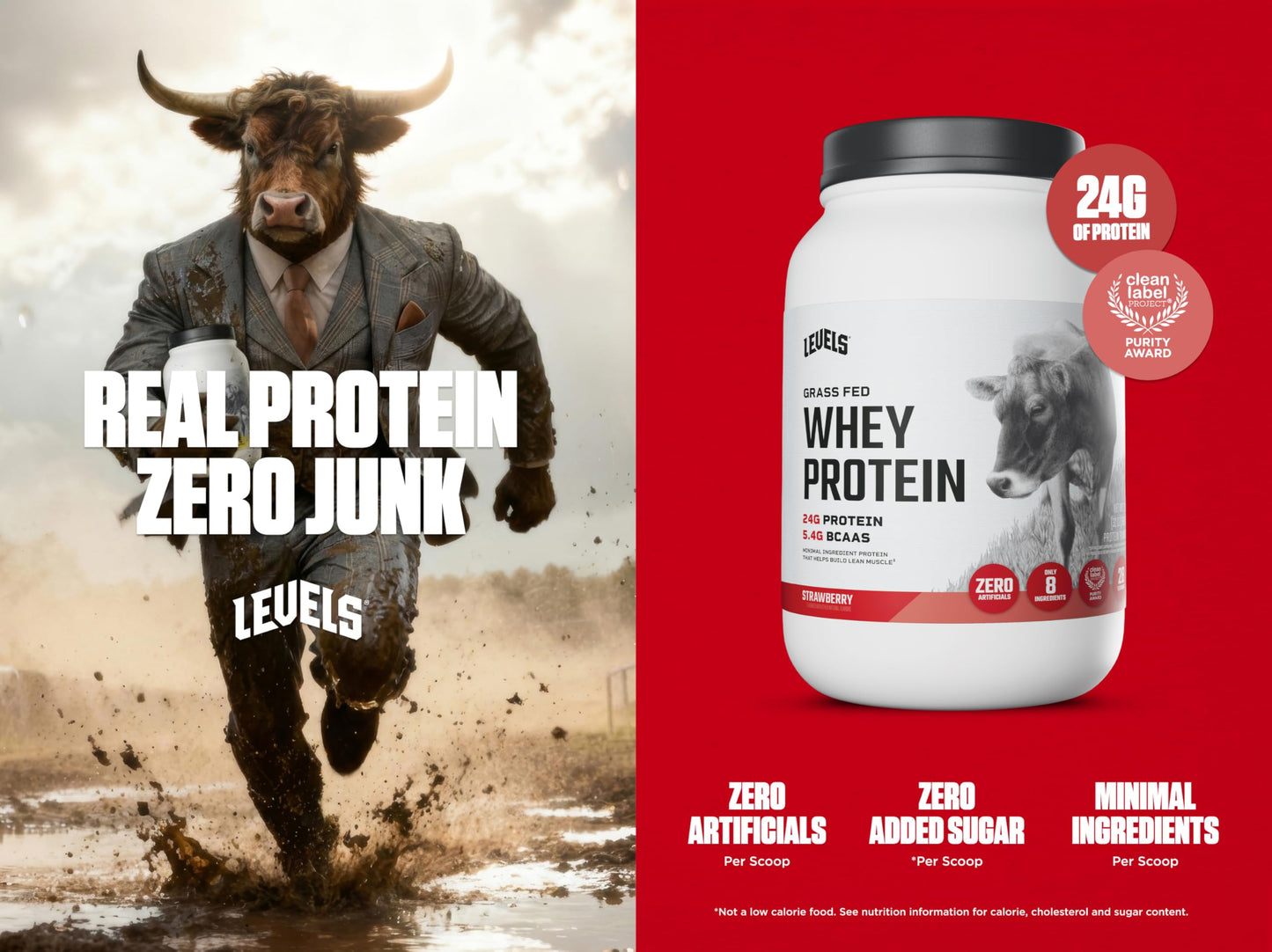 Levels Nutrition Grass Fed Whey Protein Powder, Strawberry, 32 Servings