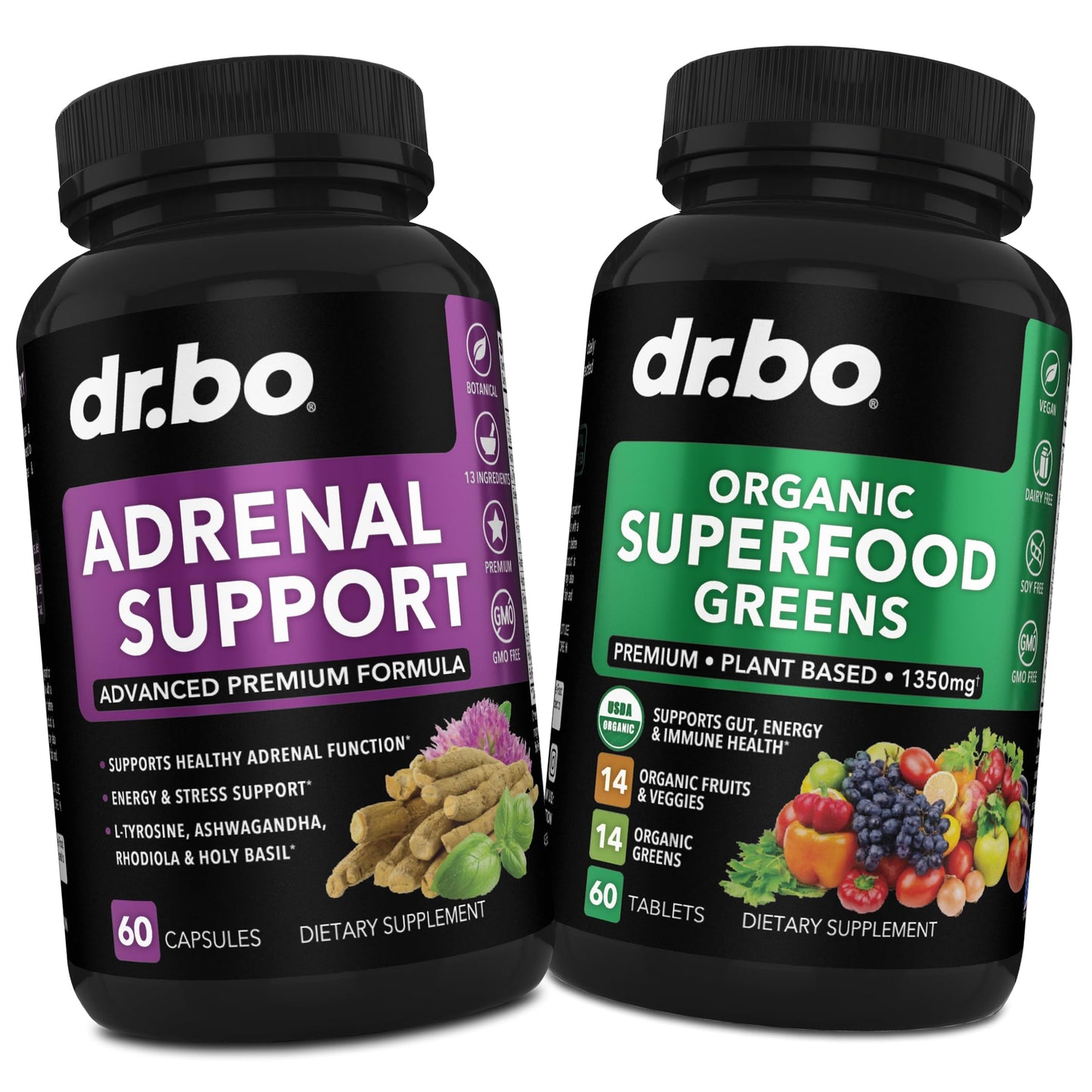 DR. BO Adrenal Support & Organic Superfood Greens & Fruit Supplements Tablets 120