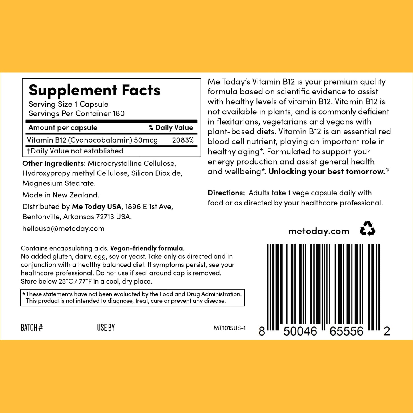 me today High-Dose Vitamin B12 50mcg Supplement 180 Capsules