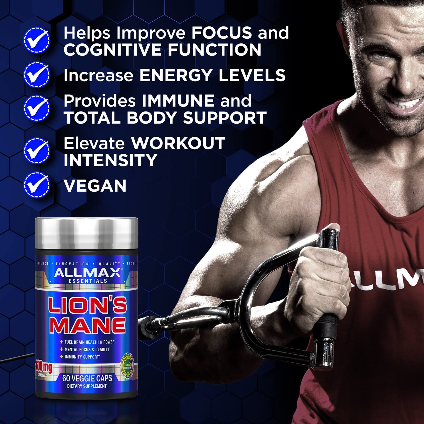 ALLMAX Lion's Mane Nootropic Capsules, 60 Count, 30 Servings