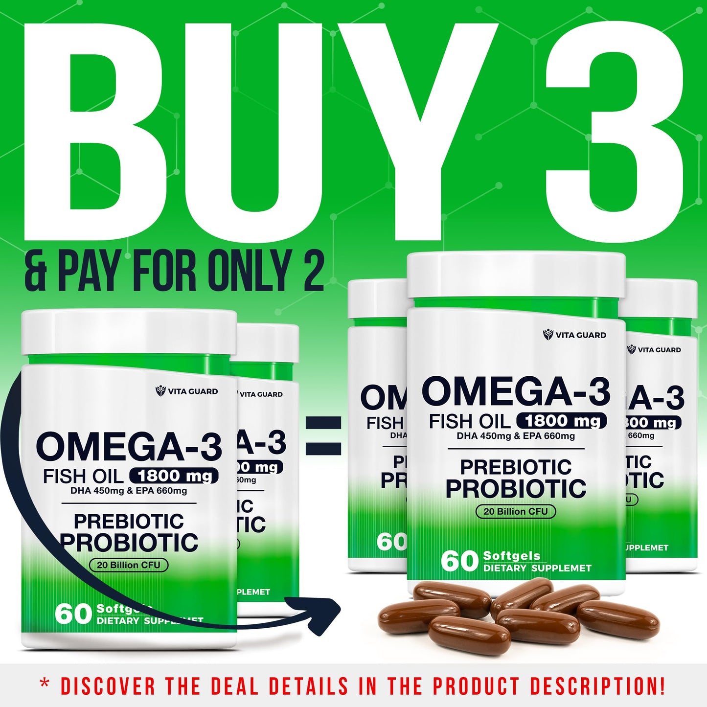 Vita Guard Omega-3 Fish Oil with Prebiotics & Probiotics Softgel 60 Count