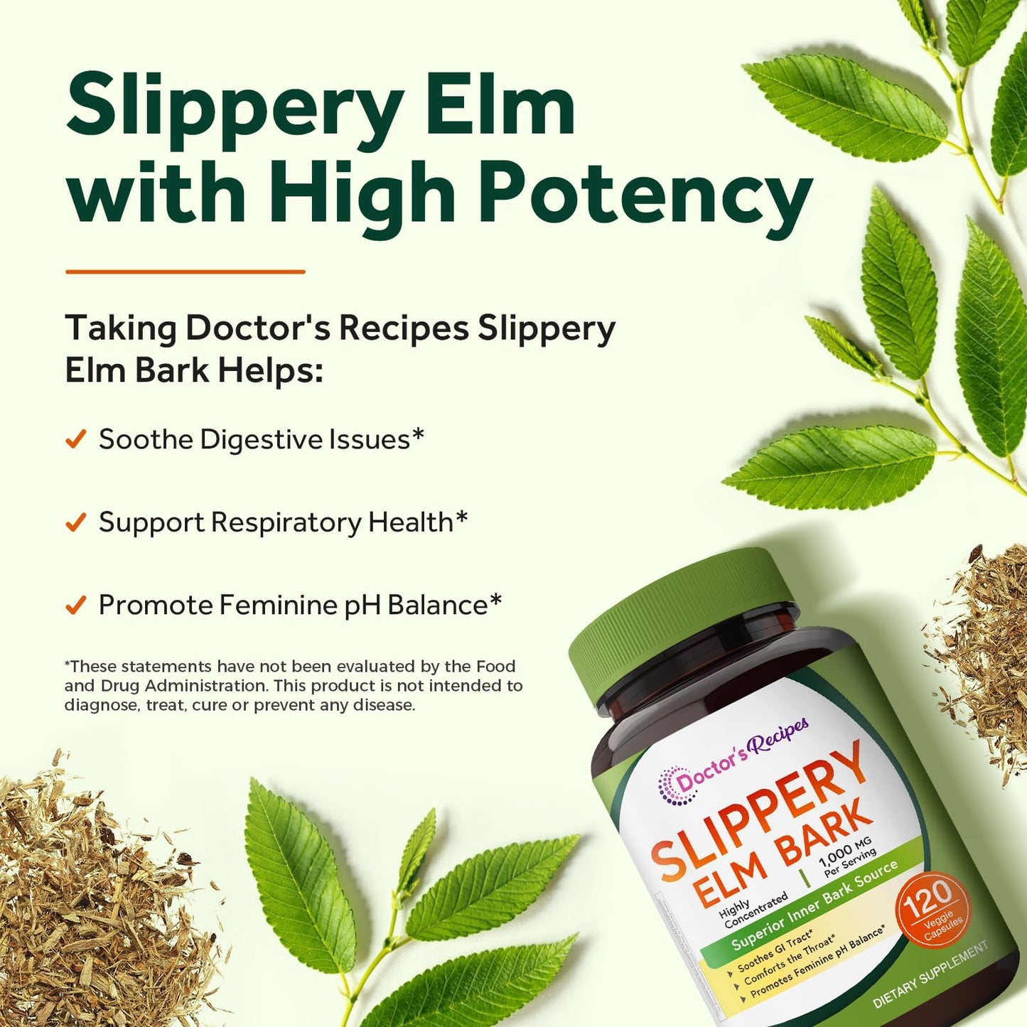 Doctor's Recipes Slippery Elm Bark Vegan Capsules 120 Count, Non-GMO