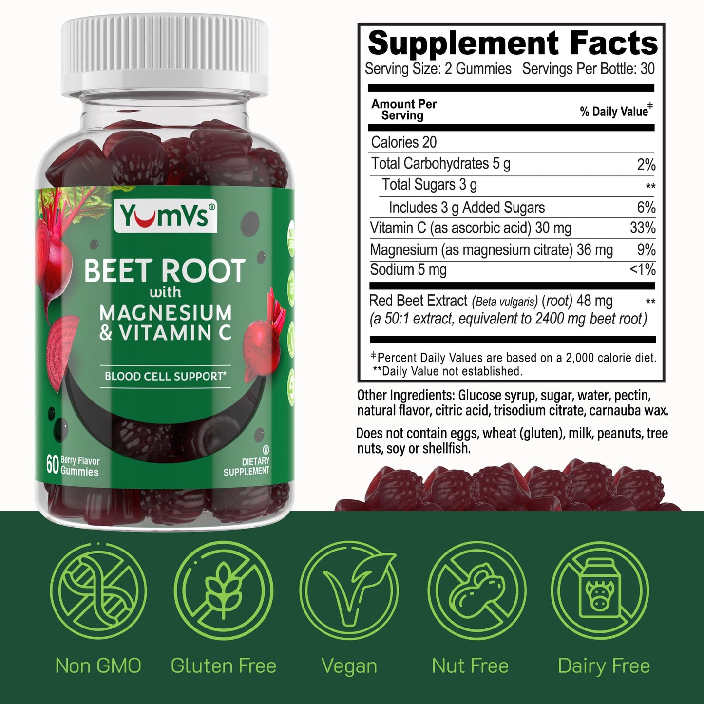YUM-V'S Beet Root Gummies with Magnesium & Vitamin C – Gummy – 60 Gummies