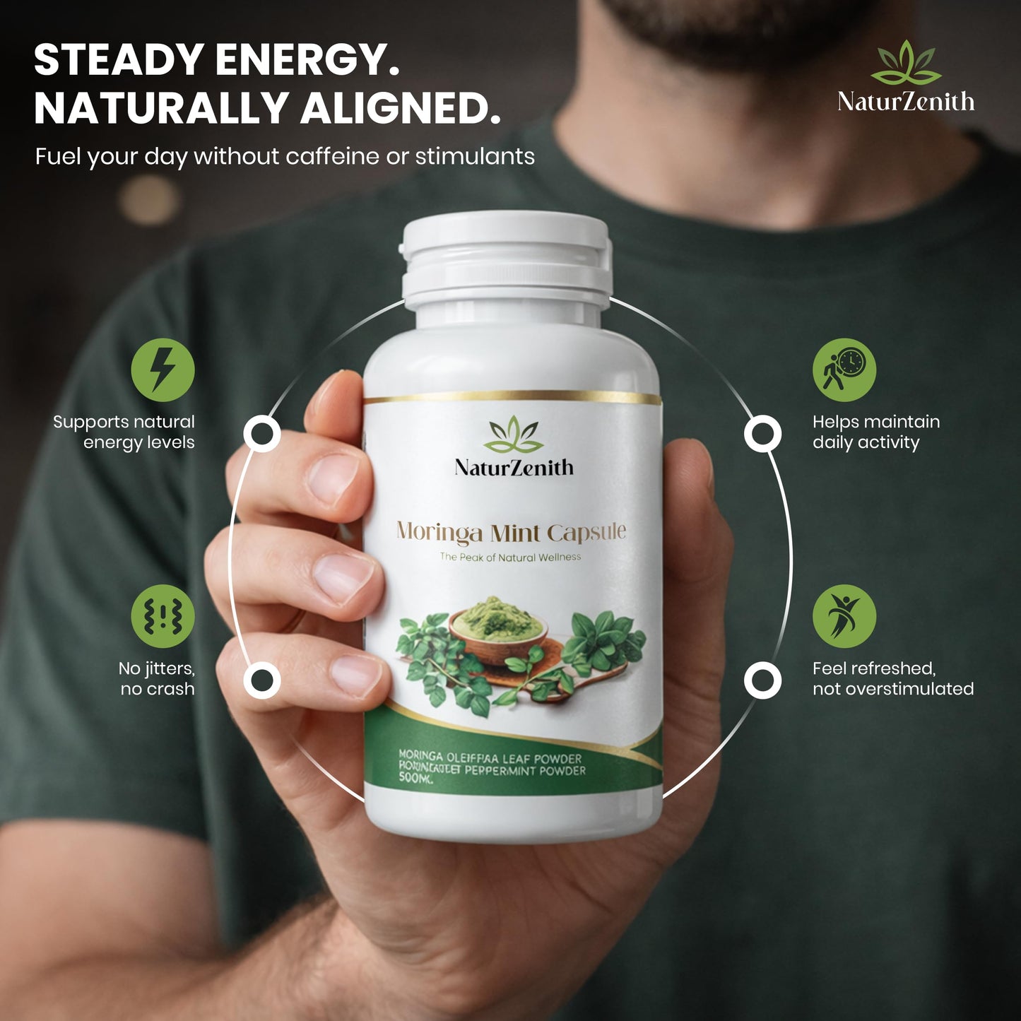 NaturZenith Moringa Mint Capsules 500mg – Moringa Oleifera Leaf Powder with Peppermint – Daily Herbal Supplement for Fresh Routine & Plant-Based Wellness – 60 Capsules