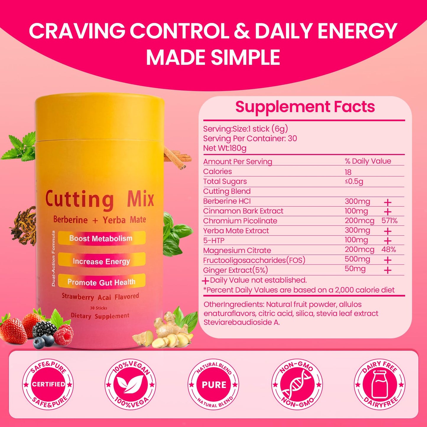BOYAO Cutting Mix Fat Shaping Powder with 5-HTP (5-Hydroxytryptophan), Yerba Mate & Berberine, Daily Energy & Metabolism Support, Strawberry Acai Flavor, 30