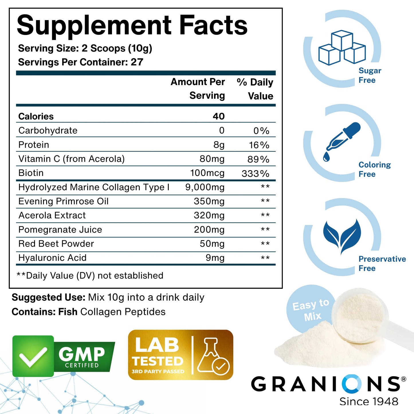 Granions Marine Collagen Powder Supplement, 9.7 Ounce