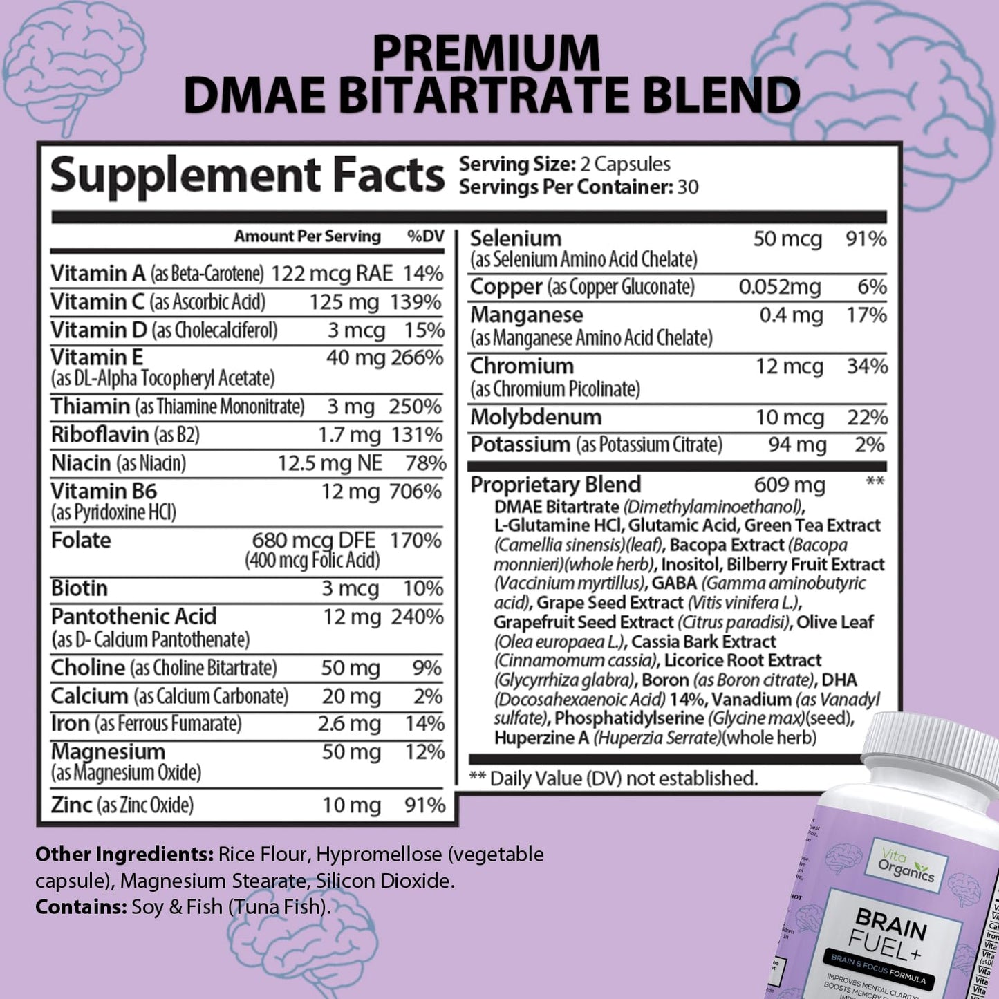Vita Organics Brain Fuel+ DMAE Blend Memory Supplement for Focus, Mood, Mental Energy for Busy Men & Women Capsules 60