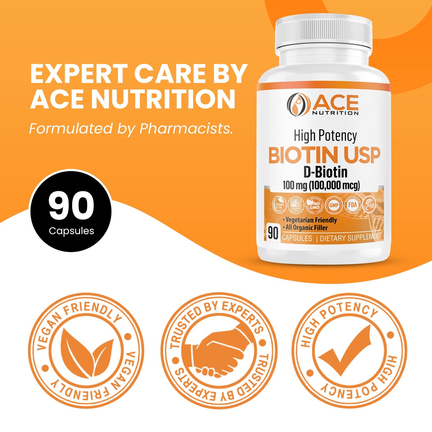 Ace Nutrition High Potency Biotin USP (D-Biotin 100,000mcg) - Vegetarian Capsules, 30 Count