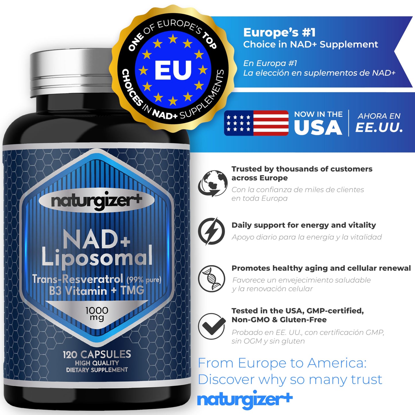 naturgizer+ Liposomal NAD+ Supplement with Resveratrol, Vitamin B3 & TMG 120 Capsules