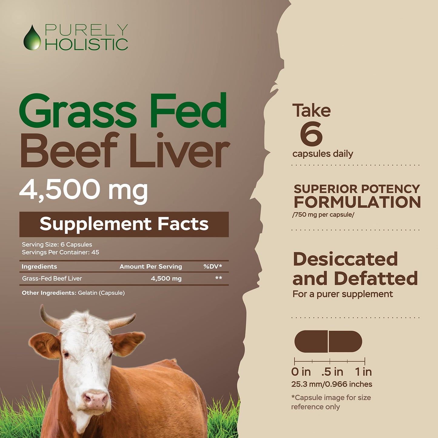 Purely Holistic Grass Fed Beef Liver Capsules, 270 Capsules