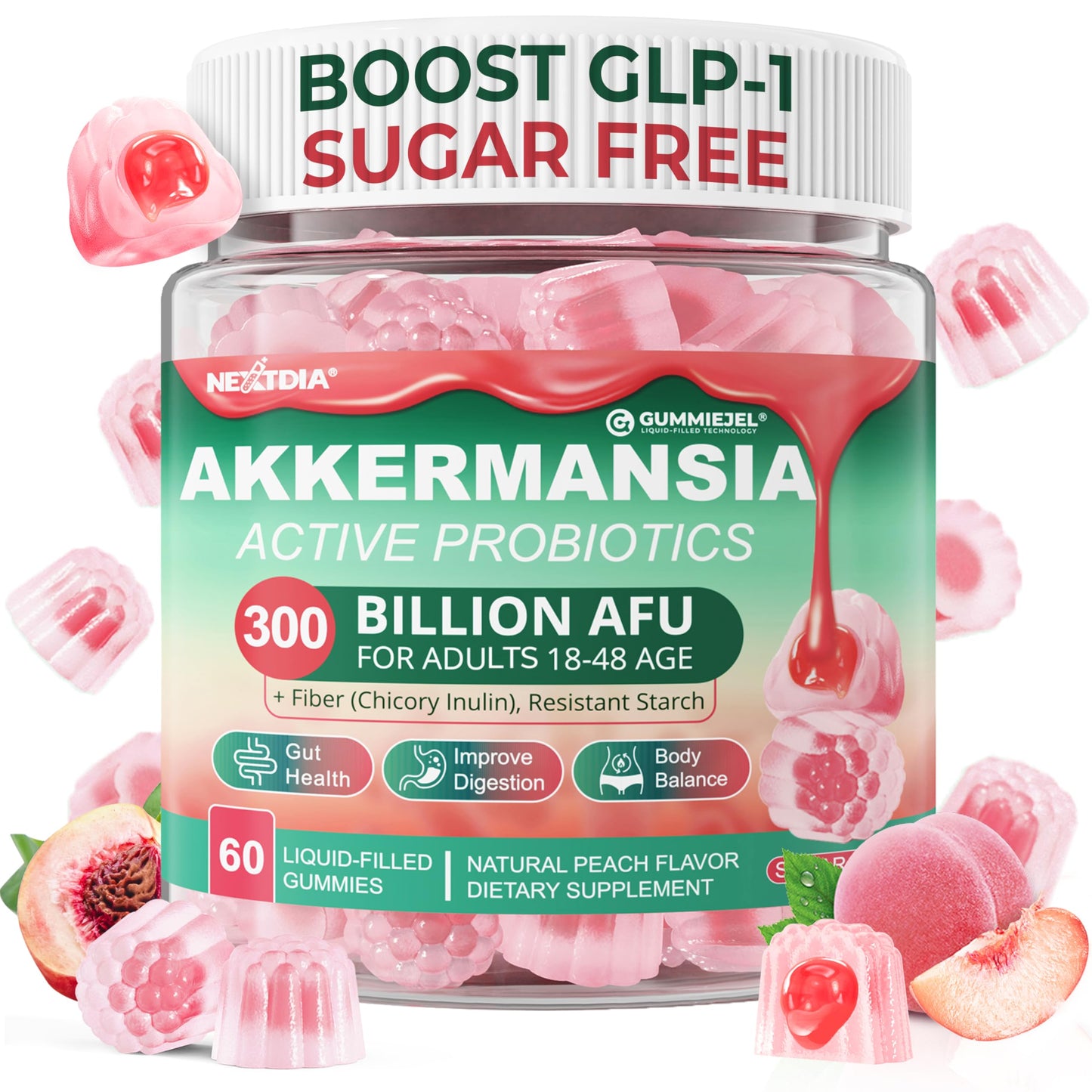 Nextdia Akkermansia Probiotics Gummies with Prebiotics Fiber, GLP-1 Akkermansia Muciniphila Supplement with Polyphenol Fruits, Resistant Starch, Vitamin A D3 B2 for Metabolism, Digestive & Gut Health, 60 Gummies