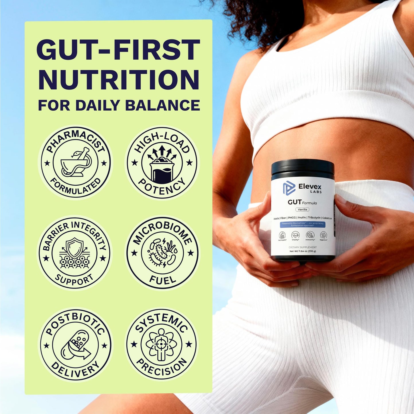 Elevex Labs Gut Health Supplement Powder – Digestive Health Formula with Colostrum, Tributyrin & PHGG Prebiotics for Gut Health, Gut Lining, Gut-Brain & Bloating Relief for Women & Men – 30 Servings