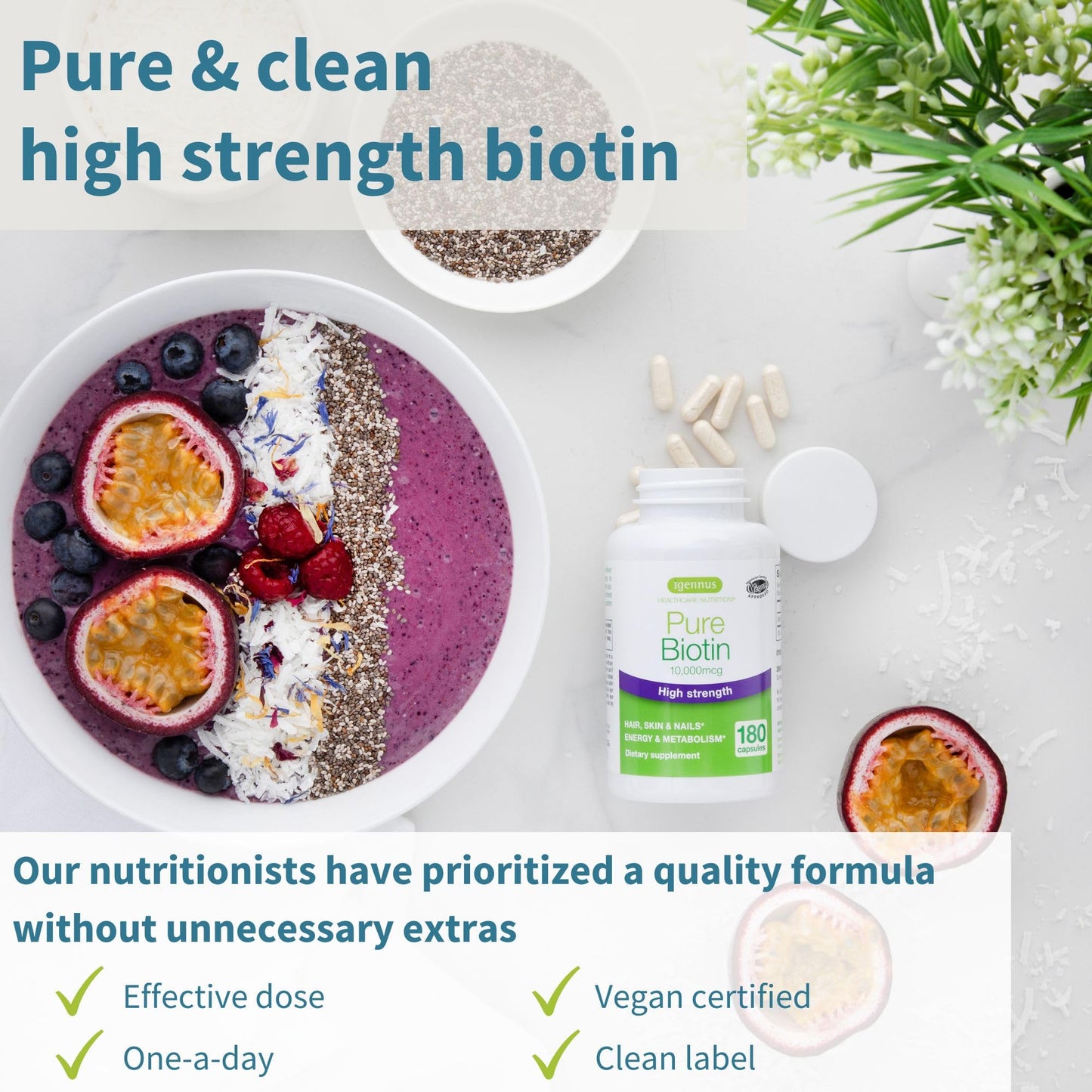 Igennus Healthcare Nutrition Clean Biotin 10,000mcg High Potency Vitamin B7 Capsules, 180 Count