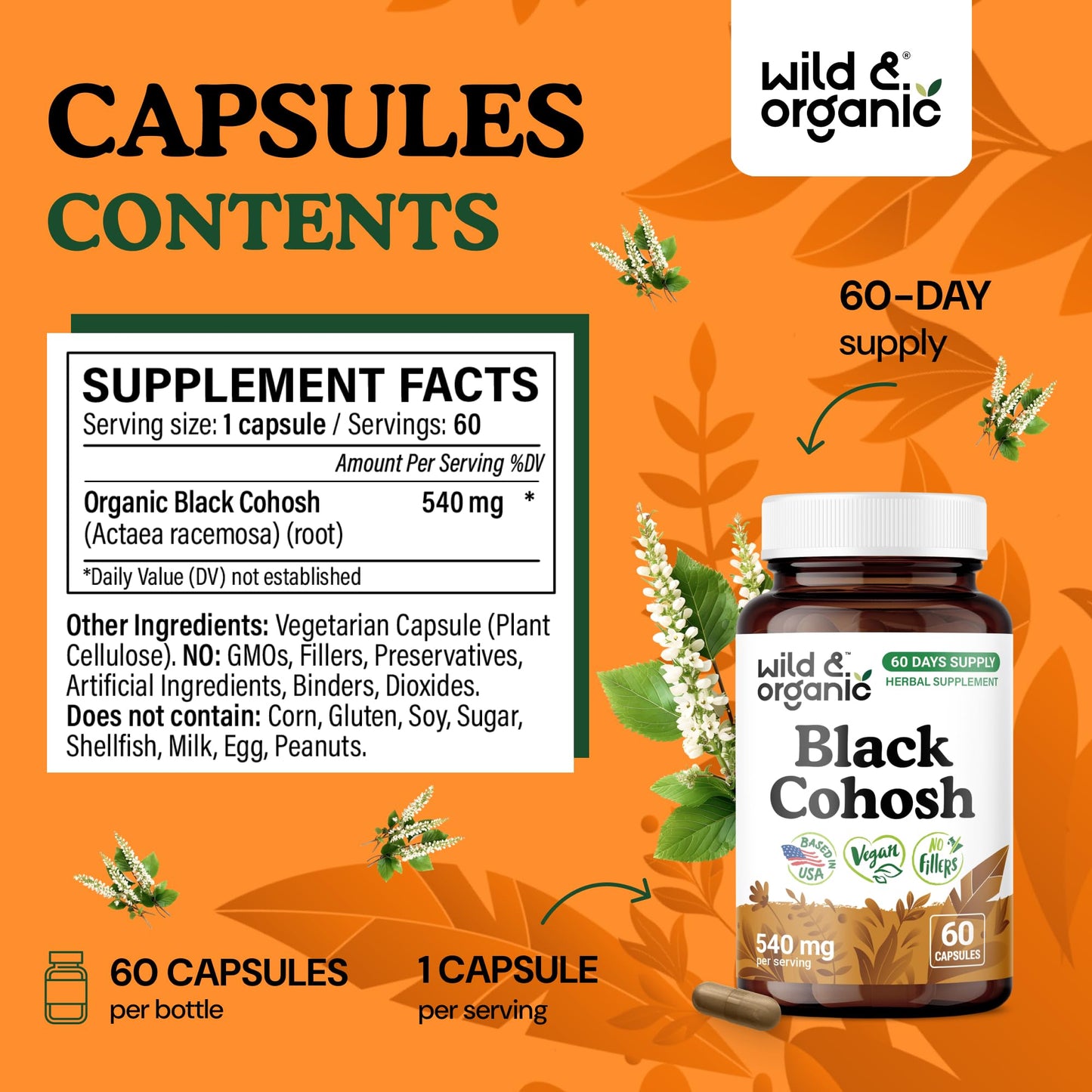 Wild & Organic Black Cohosh Capsules 540 mg, 60 Count