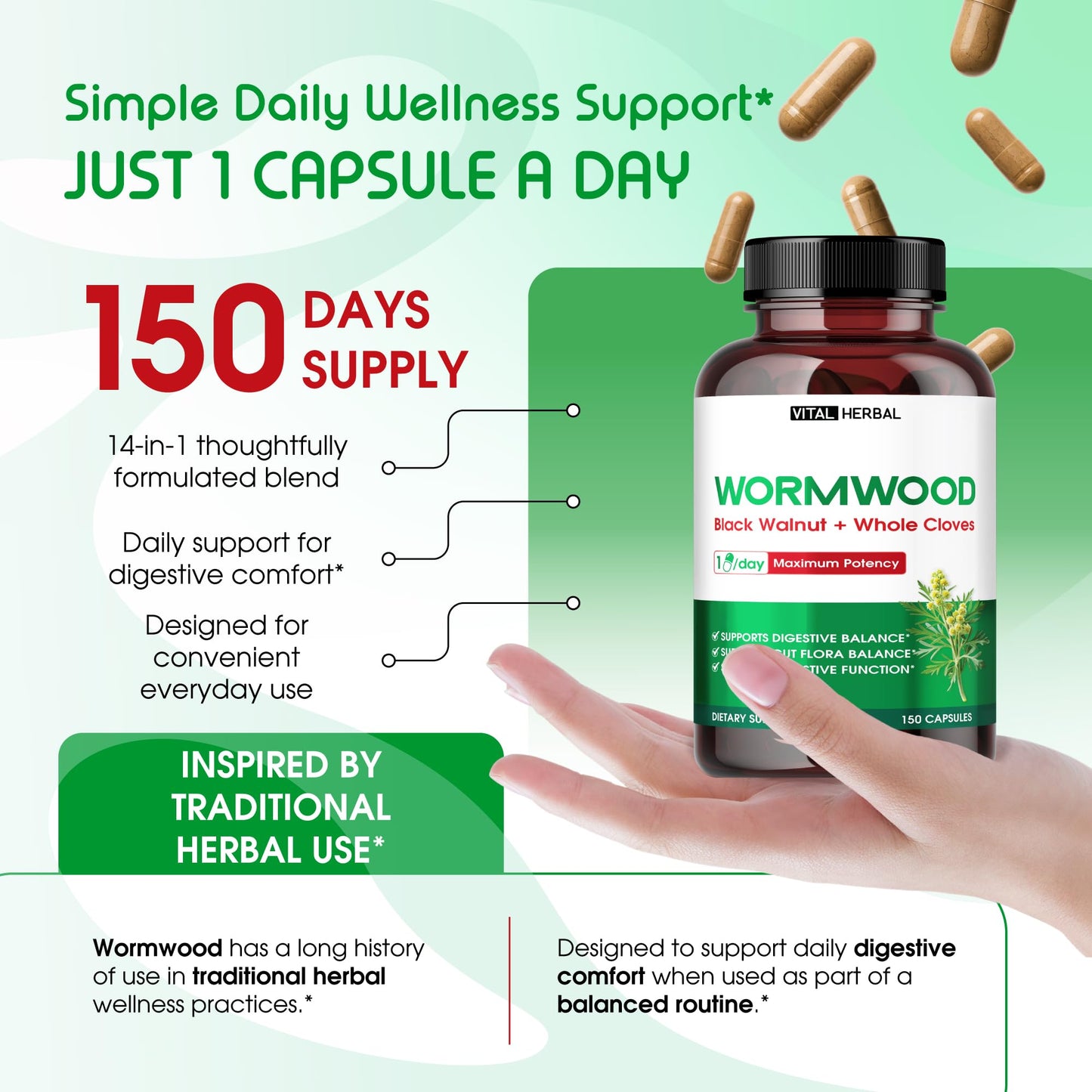 VITAL HERBAL Wormwood with Black Walnut Whole Cloves Ginger Capsules, 150 Capsules