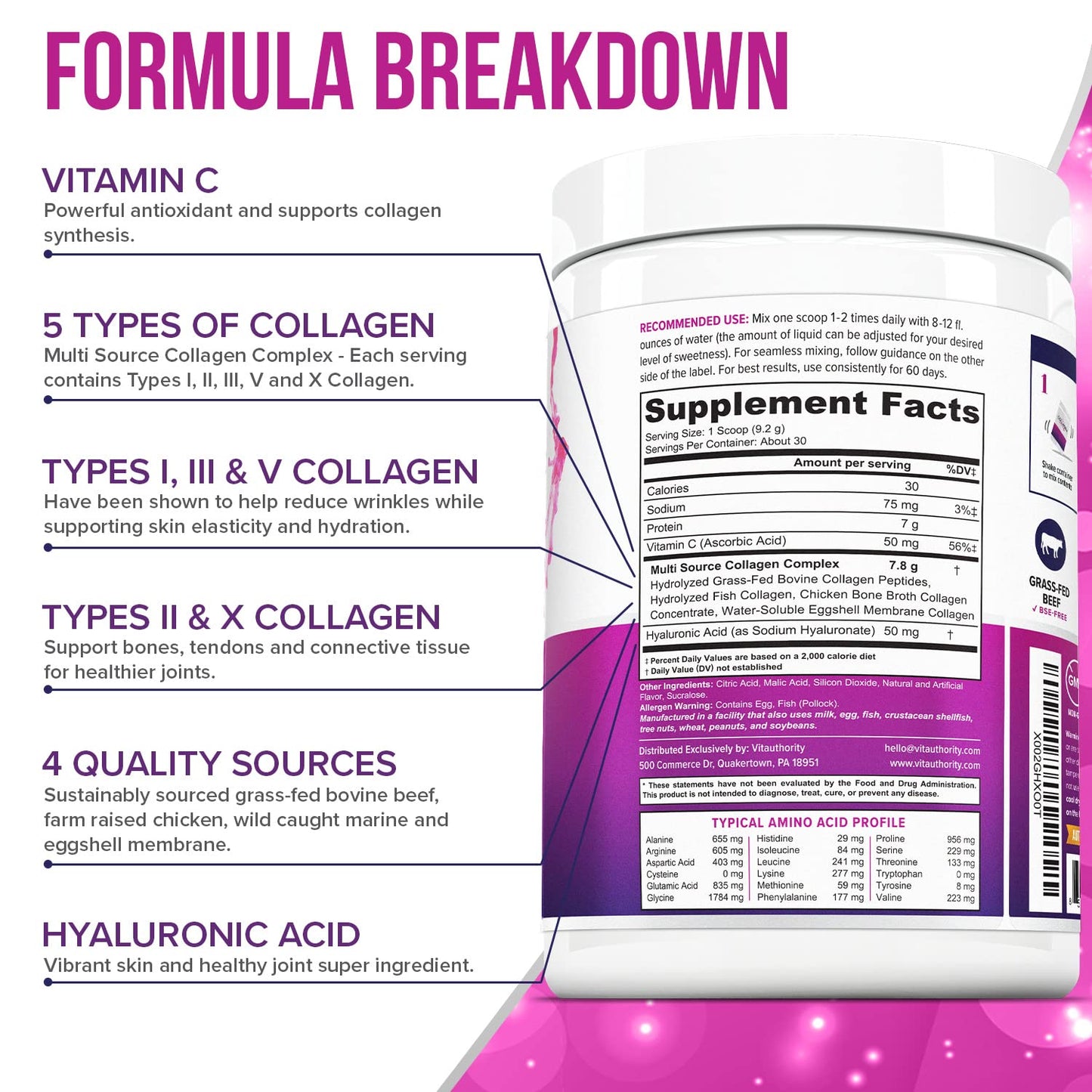 Vitauthority Multi Collagen Peptides Powder for Women, 9.8 oz