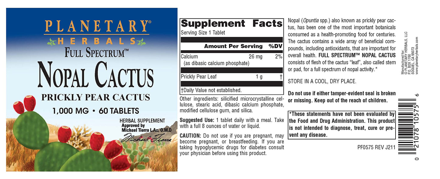 Planetary Herbals Full Spectrum Nopal Cactus 1000mg Prickly Pear Cactus Antioxidant Tablet, 60 Tablets