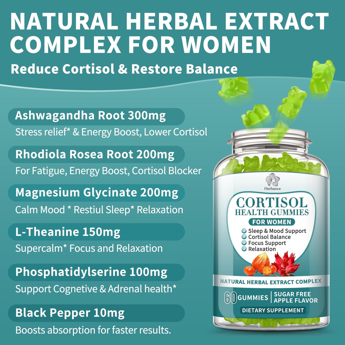 Herbance Cortisol Reducer Gummies for Women, 60 Count