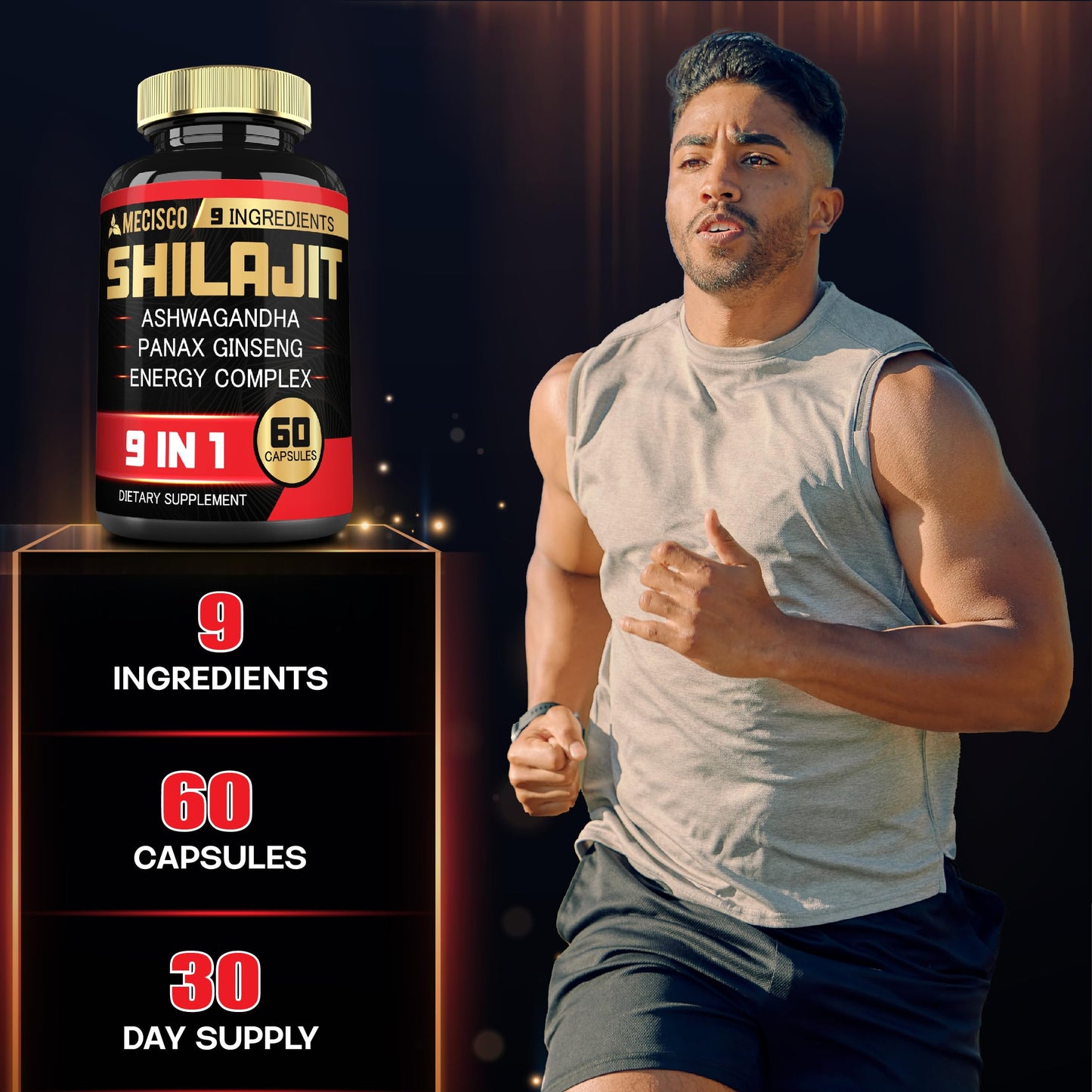 Mecisco Shilajit Supplement with Ashwagandha Root, Panax Ginseng, L-Arginine, Chaga & More, Pure Himalayan Organic, 60 Capsules