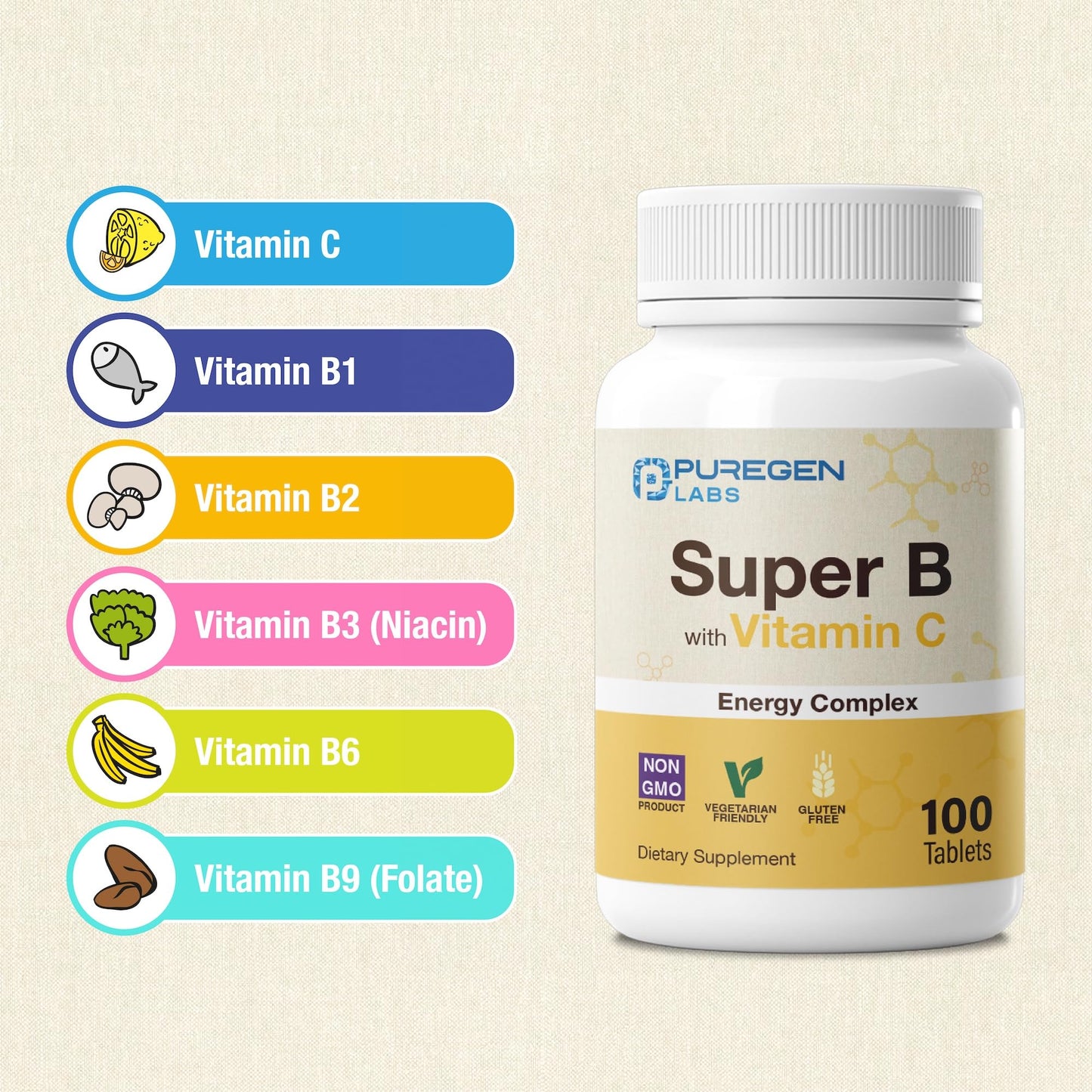 P Puregen Labs Super B Energy Complex with Vitamin C - Immune Health, Energy & Nervous System Support - Non-GMO, Gluten-Free 100 Vegetarian Tablets
