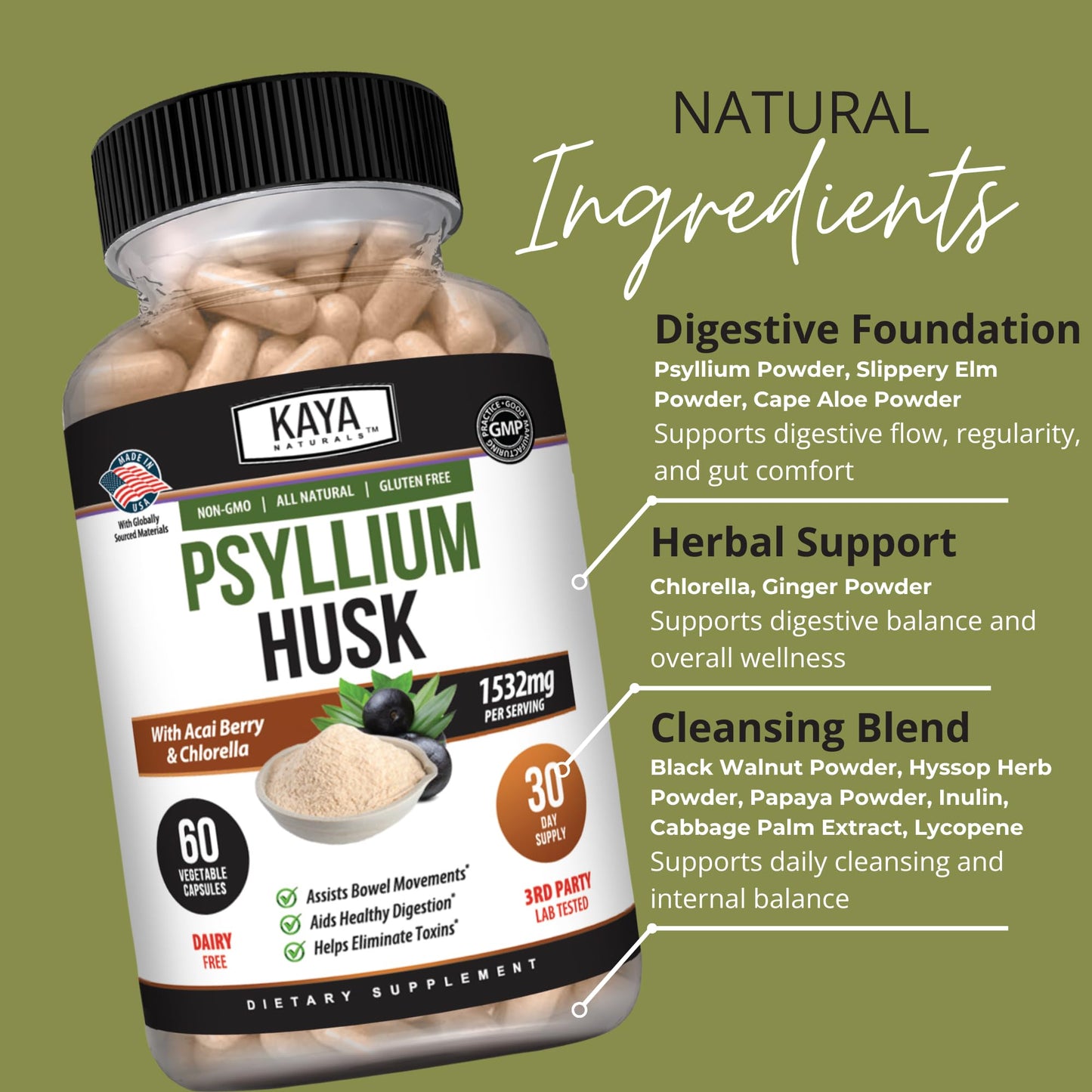 Kaya Naturals Psyllium Husk Capsules, 60 Capsules
