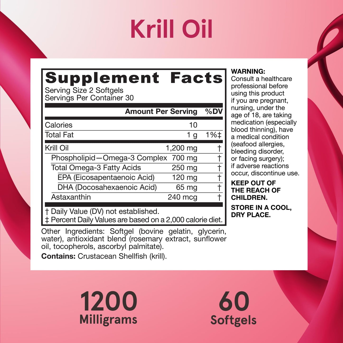 Jarrow Formulas Krill Oil - Phospholipid Omega-3 Complex with Astaxanthin - EPA & DHA Softgels 60