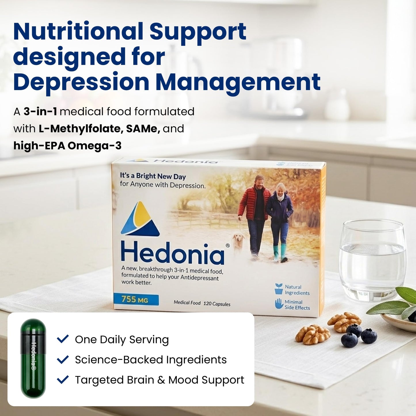 Hedonia 3-in-1 Medical Food for People with Depression, 120 Capsules