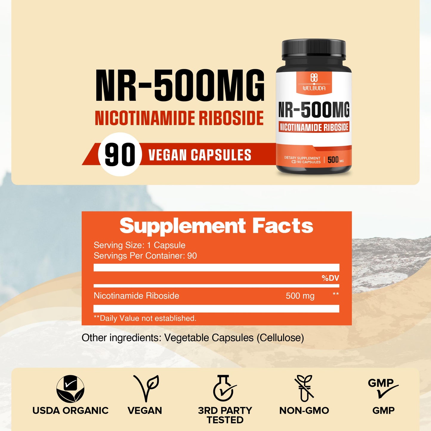 WELBUDA NAD+ Nicotinamide Riboside 500mg Capsules, 90 Count