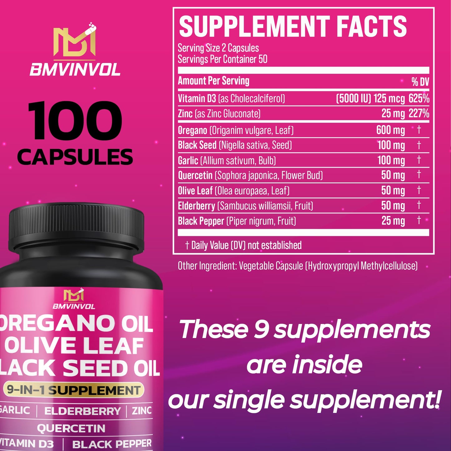 BMVINVOL Oregano, Black Seed, Garlic Bulb, Quercetin, Olive Leaf, Elderberry, Black Pepper Capsules, 100 Count