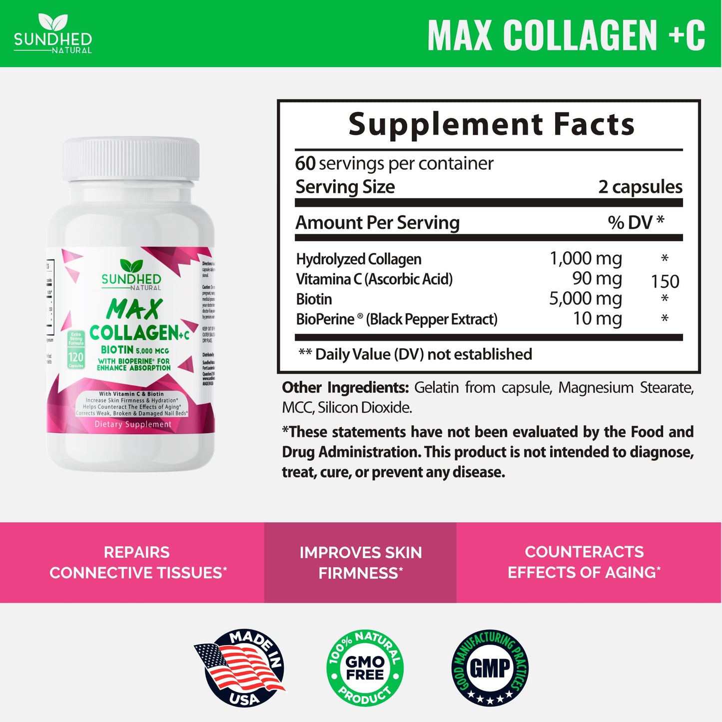 Sundhed Natural Max Collagen Plus C Capsules, 1 Count