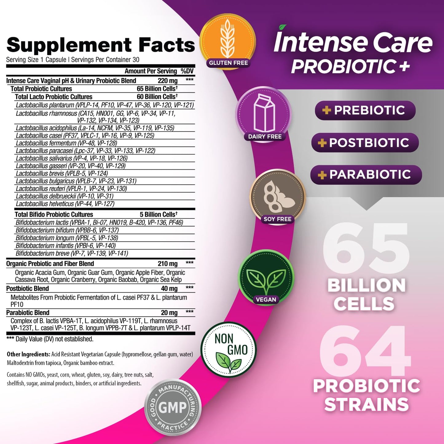 Vital Planet Intense Care Vaginal pH & Urinary Probiotics, Prebiotics, Postbiotics, Parabiotics 4-in-1 Refrigerated Supplement for Adults, 65 Billion CFU, 64 Strains, Capsule, 30 Count