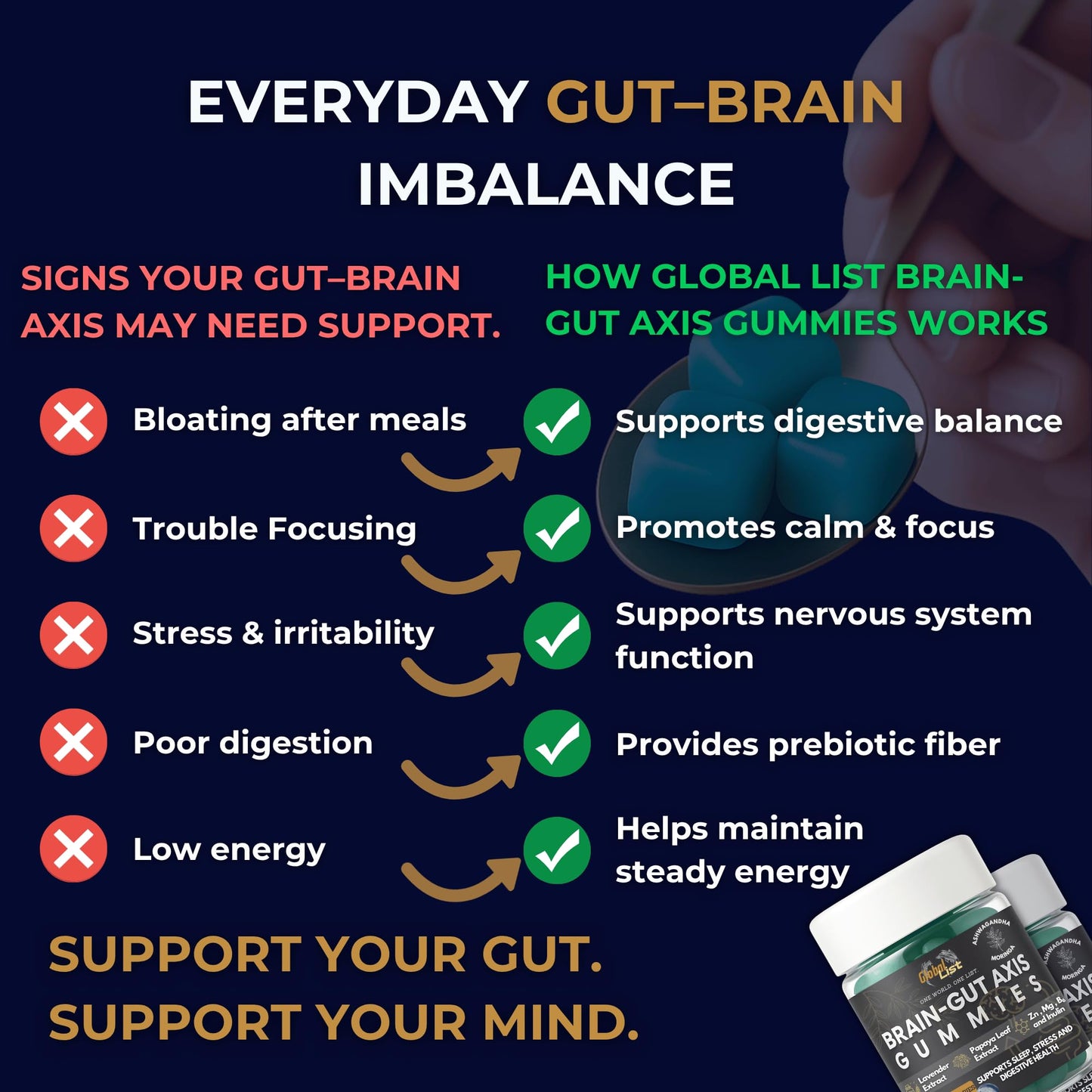 Global-List LLC Gut Health & Bloating Relief Gummies – Digestion Support with Prebiotic Fiber, Inulin & Ashwagandha – Stress, Nervous Stomach, Sleep & Calm Support – Gut-Brain Axis Formula with Chamomile & Lemon Balm, 60 Gummies