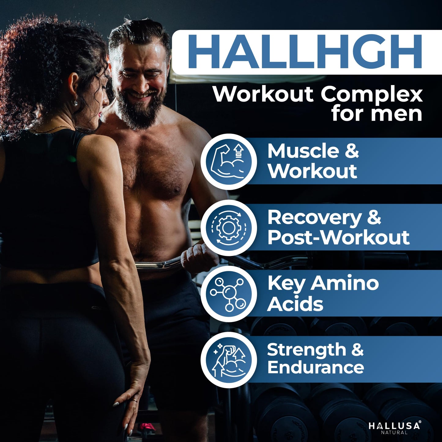 Hallusa Natural HGH-Releasing Support Supplement with L-Arginine & Ornithine, Nitric Oxide Support for Muscle Recovery, Energy & Performance, Amino Acid Complex with Vitamin B3 & Chromium, 60 Tablets