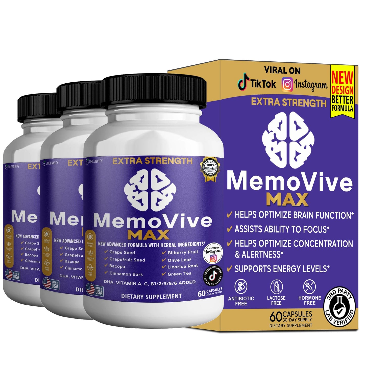 GREENVIFY MemoVive MAX Extra Strength Memory Support Supplement Capsule, 60 Capsules