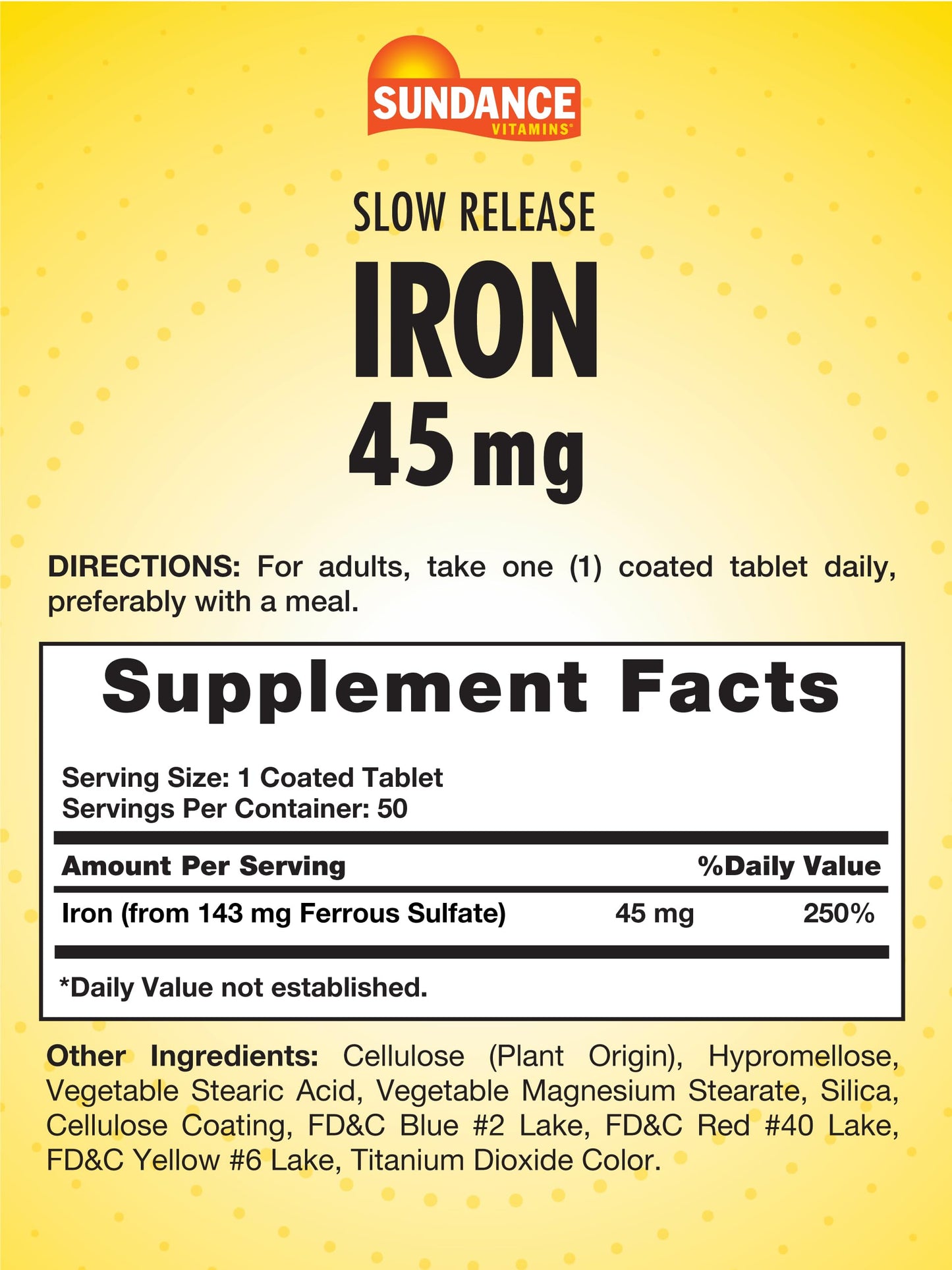 Sundance Iron 45mg Slow Release Tablets 50 Count